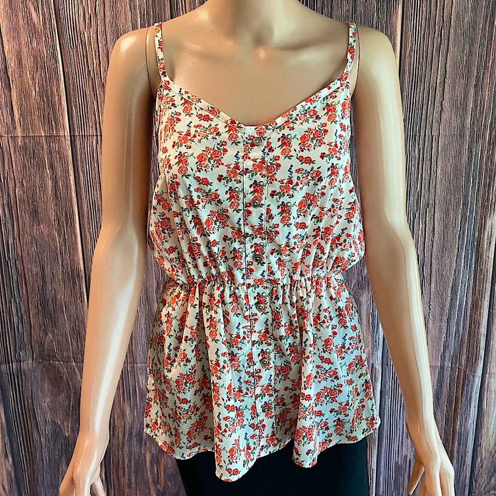 Papaya size small cream & red floral tie flowy summer blouse